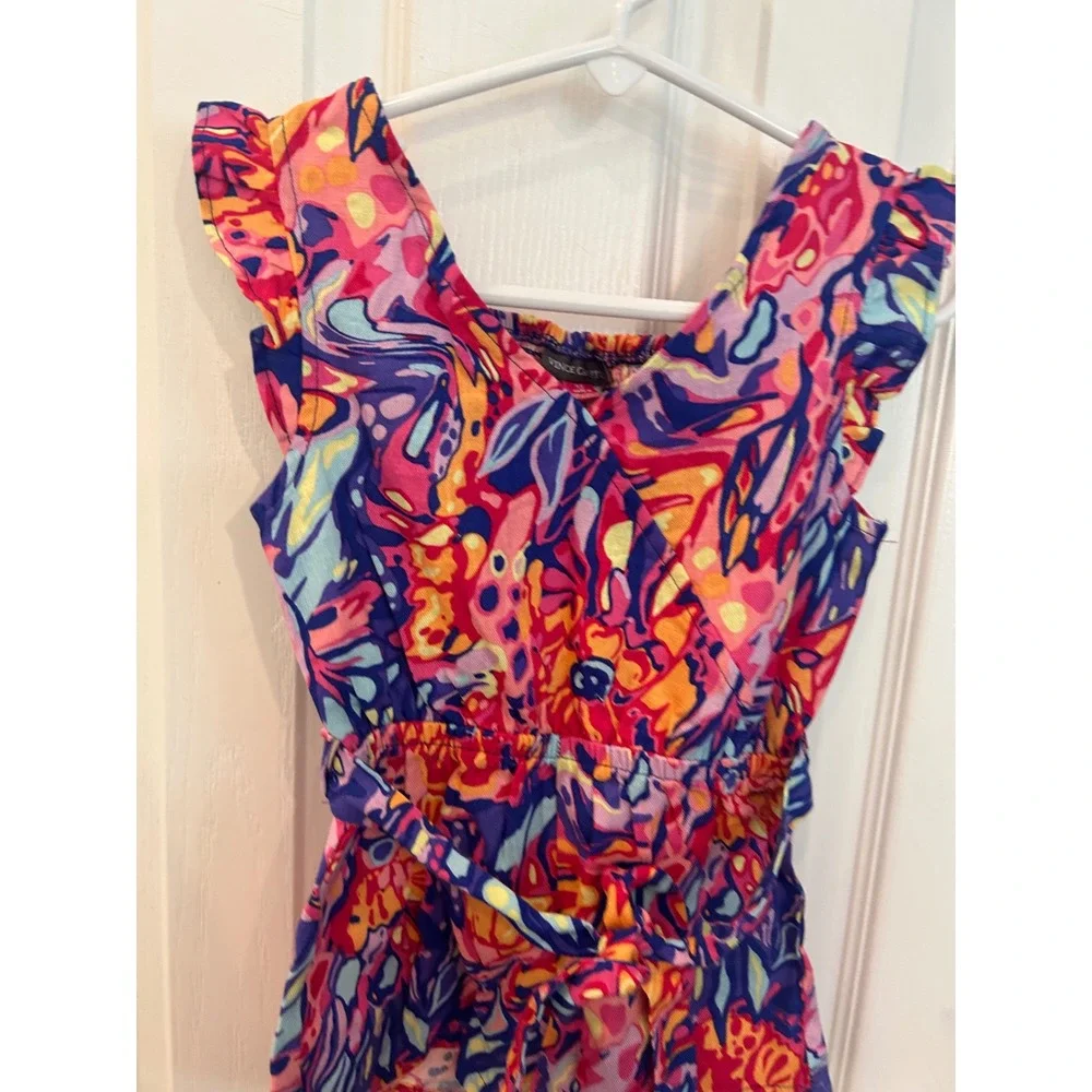 Vince Camuto Romper Multi-Color Abstract Floral Ruffle Smocked Tie Waist Kids 3T